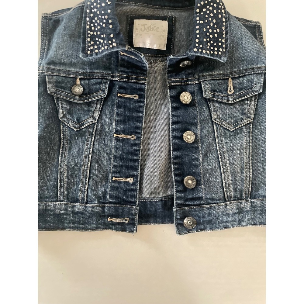 Justice Girls Blue Denim Vest Rhinestone Collar Cropped Jean Jacket Casual Sz 10 - Picture 4 of 8